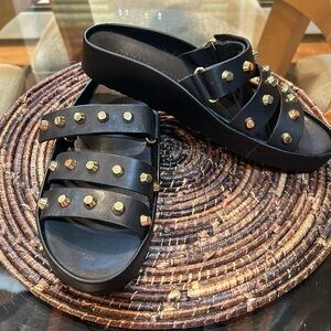 Limited edition Kenneth Cole “Gentle Souls” black leather & gold studded sandals